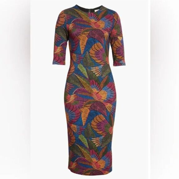 Farm Rio Dress Dotted Macaws Midi 3/4 Sleeve Fitted Jersey Tropical Vacation M - Picture 14 of 14